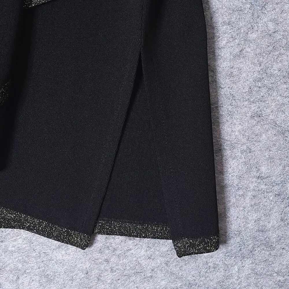 Misook Black Knit Tunic Top Womens Size Large V-Neck 3/4 Sleeve Gold Trim